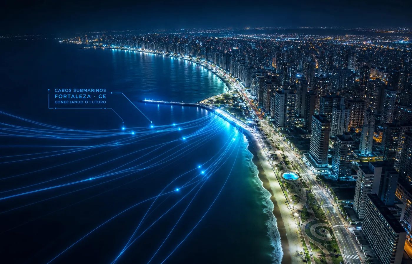 Vista noturna de Fortaleza com linhas de luz representando os cabos submarinos